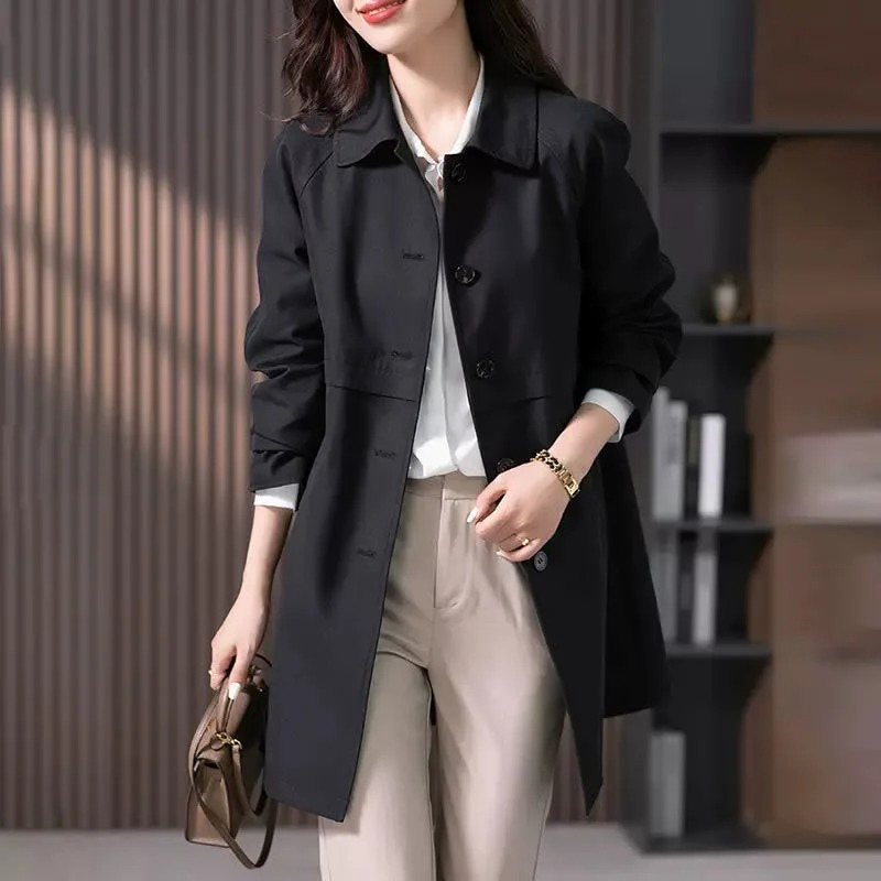 Single-Breasted Mid-Length Trench Coat with Button Closure