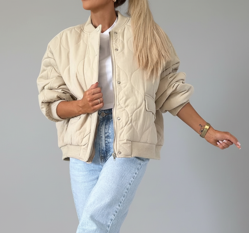 Oversized Quilted Bomber Jacket with Snap Button Closure and Ribbed Trim