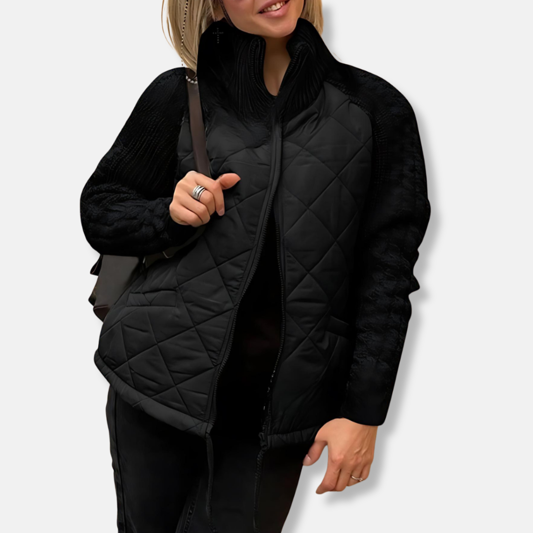 Quilted Jacket with Knit Sleeves and High Neck