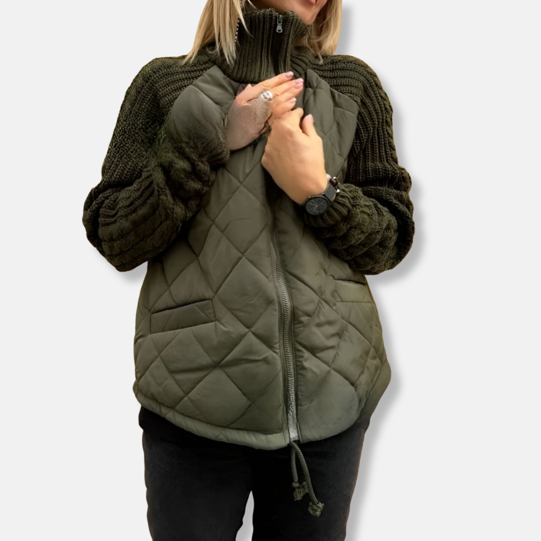 Quilted Jacket with Knit Sleeves and High Neck
