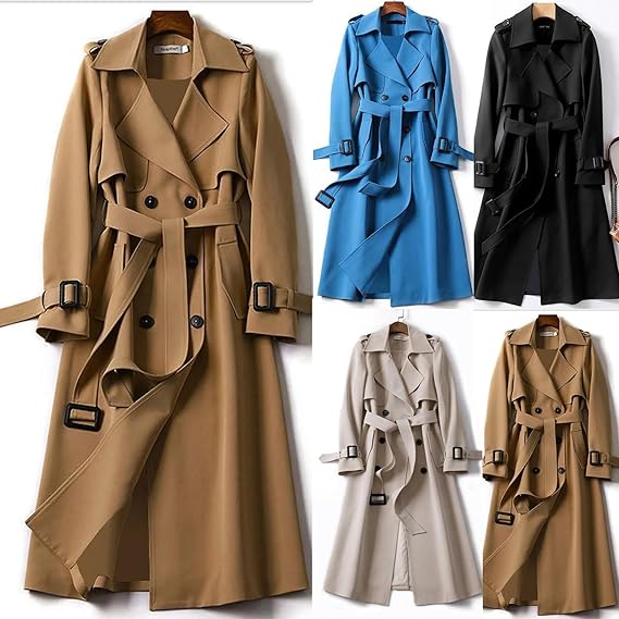 Double-Breasted Trench Coat with Notched Lapels, Tie-Waist Belt, and Mid-Calf Length