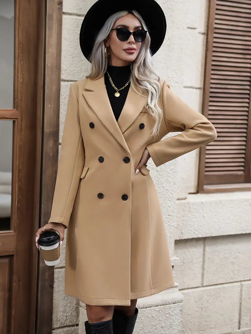 Notched Lapel Double-Breasted Coat with Long Sleeves and Midi Length