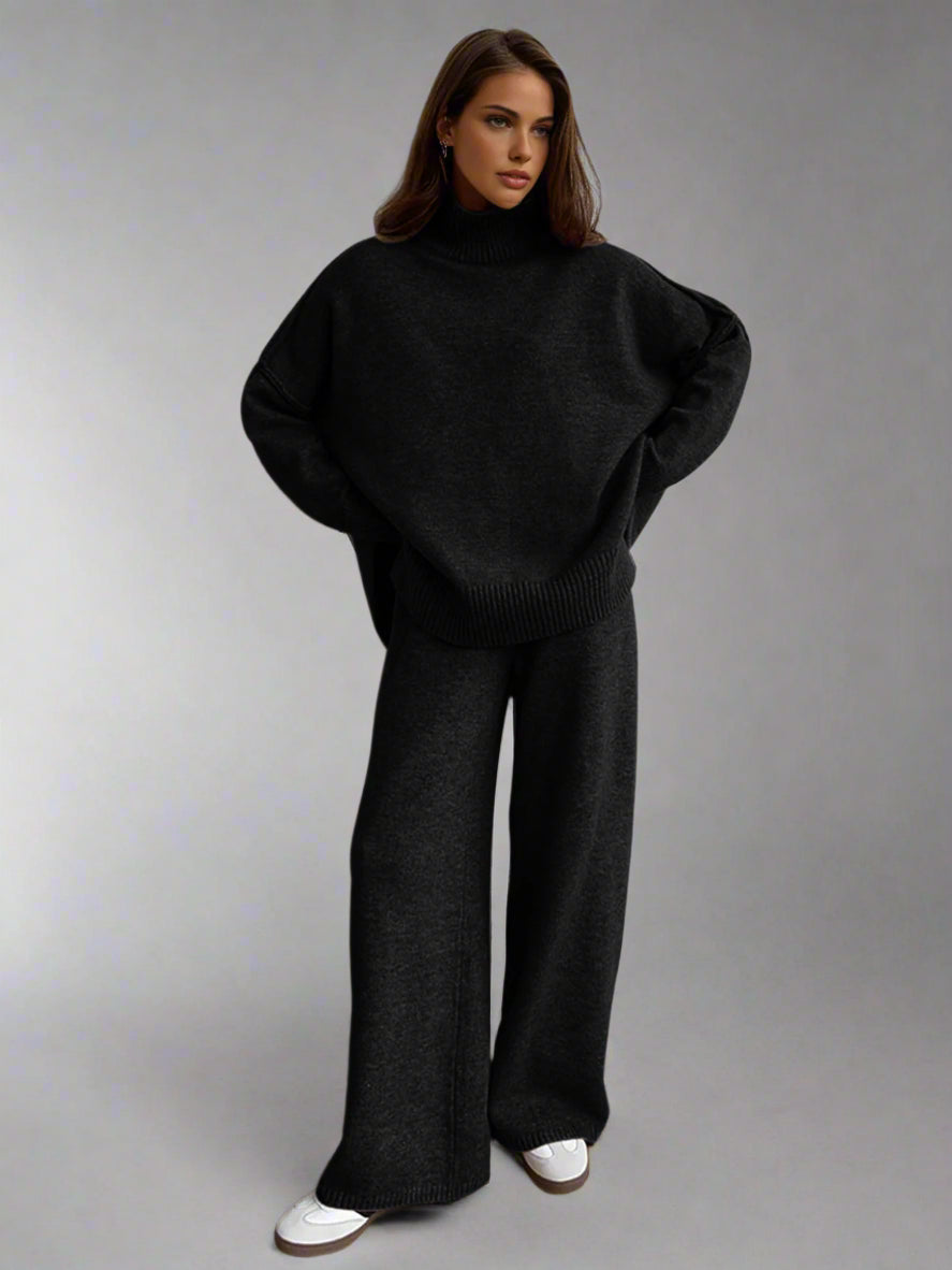 Turtleneck Long Sleeve Ribbed Hem Sweater and Knit Pants Set