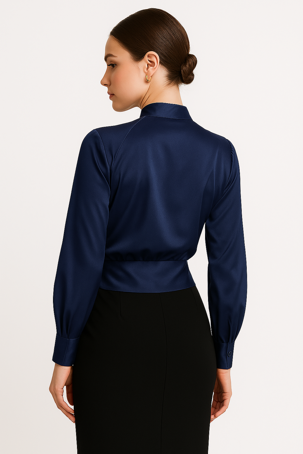 Faux-Wrap Blouse with Draped V-Neckline and Buttoned Cuffs