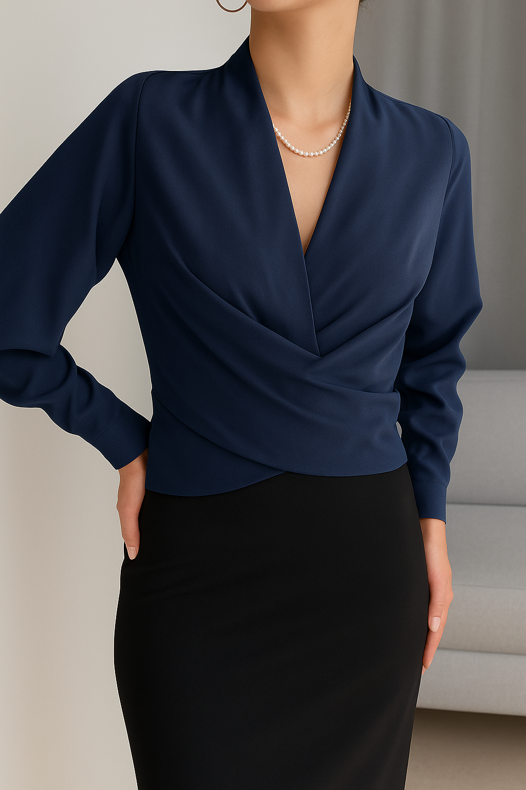 Faux-Wrap Blouse with Draped V-Neckline and Buttoned Cuffs