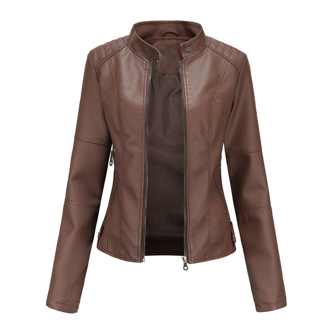 Faux Leather Jacket with Stand Collar and Zip Closure