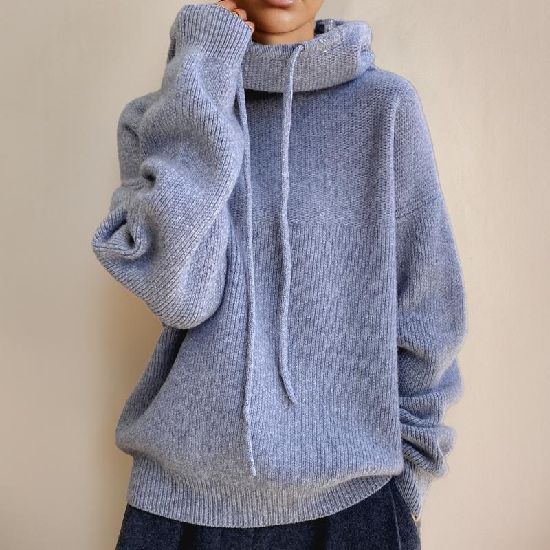Knit Pullover Sweater with Drawstring Hood and Ribbed Trims