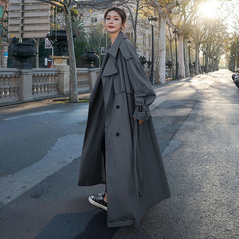 Maxi Length Trench Coat with Double-Breasted Closure