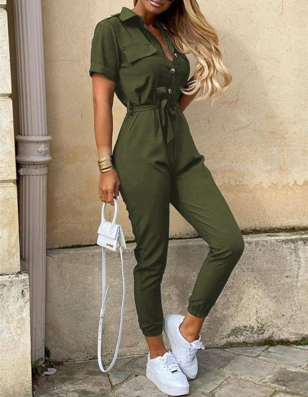 Jumpsuit with Pointed Collar, Self-Tie Waist, and Button Closure