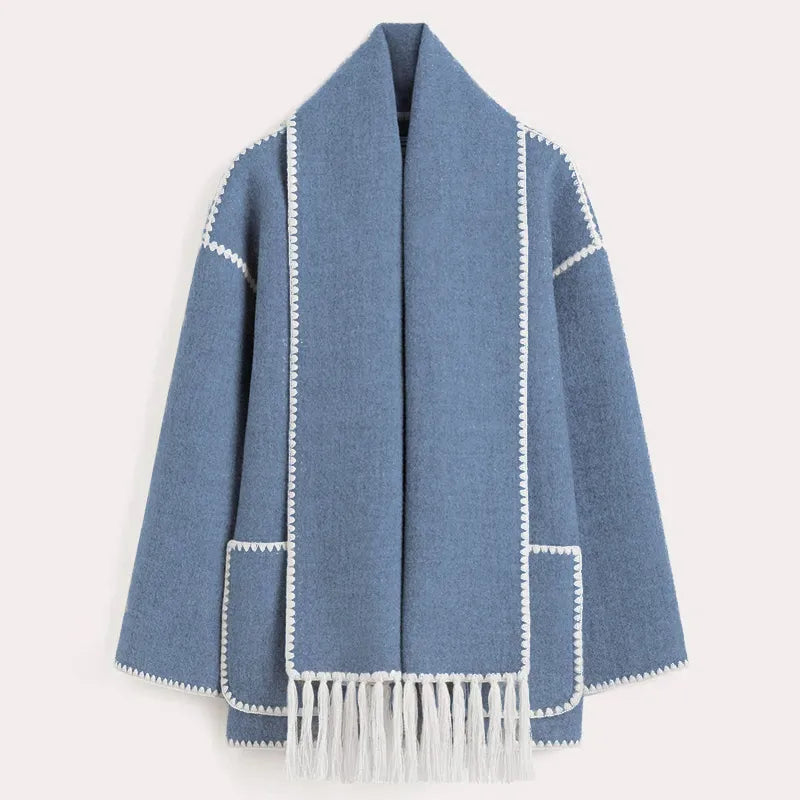 Relaxed Jacket with Attached Scarf, Contrast Stitching, and Fringe Trim