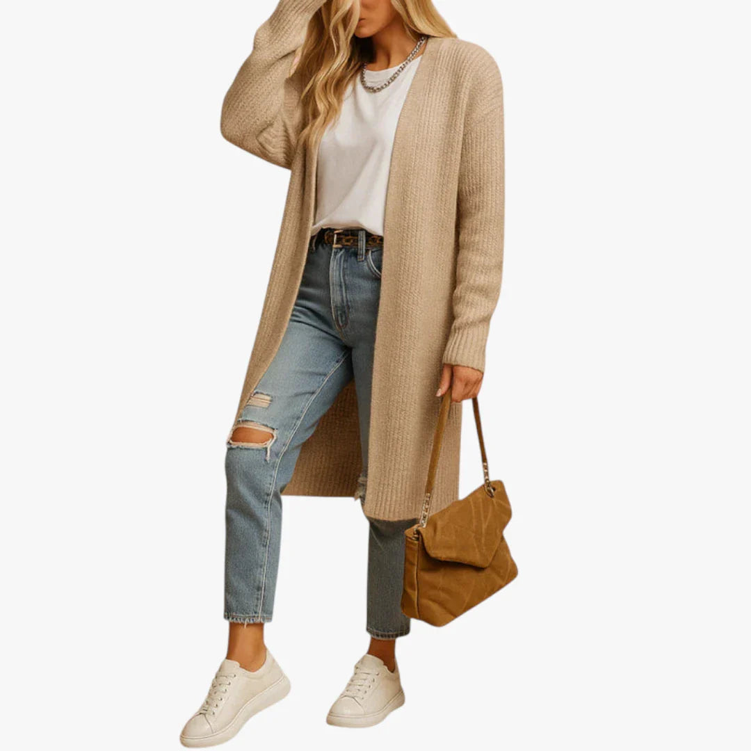 Open Front Long Sleeve Knitted Long Cardigan