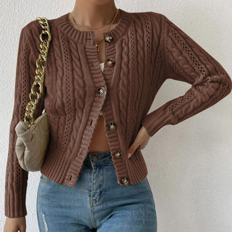 Knit Cardigan with Crew Neck and Long Sleeves