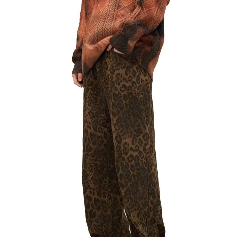 High Waist Wide-Leg Denim Leopard Trousers
