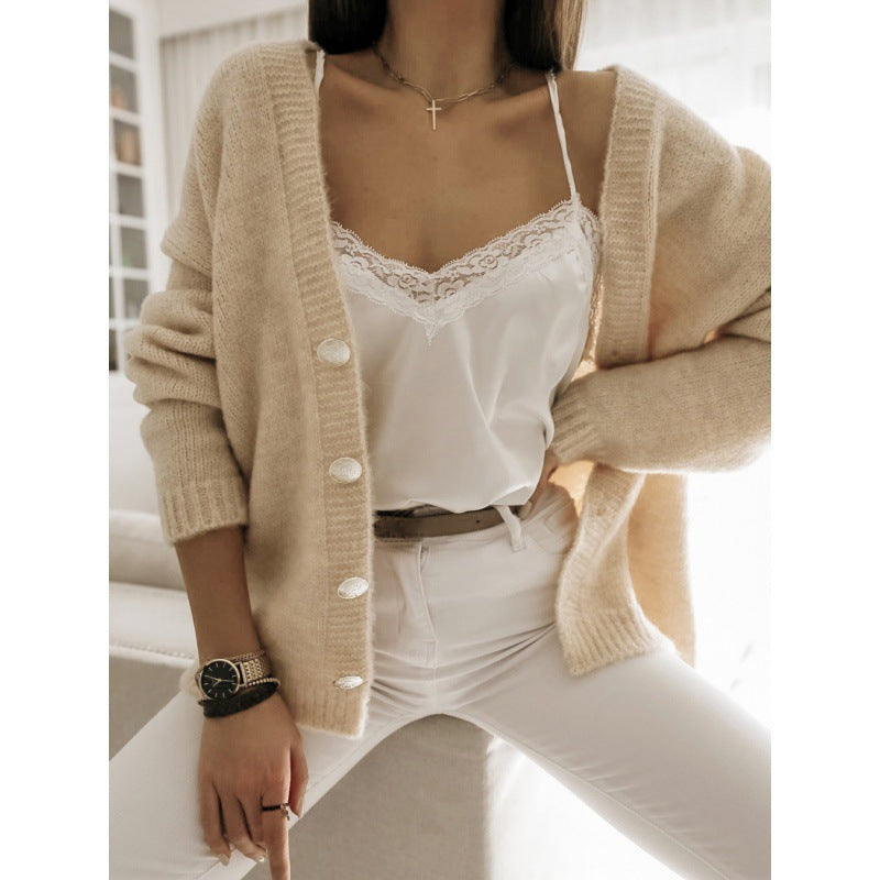V-Neck Button-Front Cardigan with Long Sleeves and Relaxed Fit