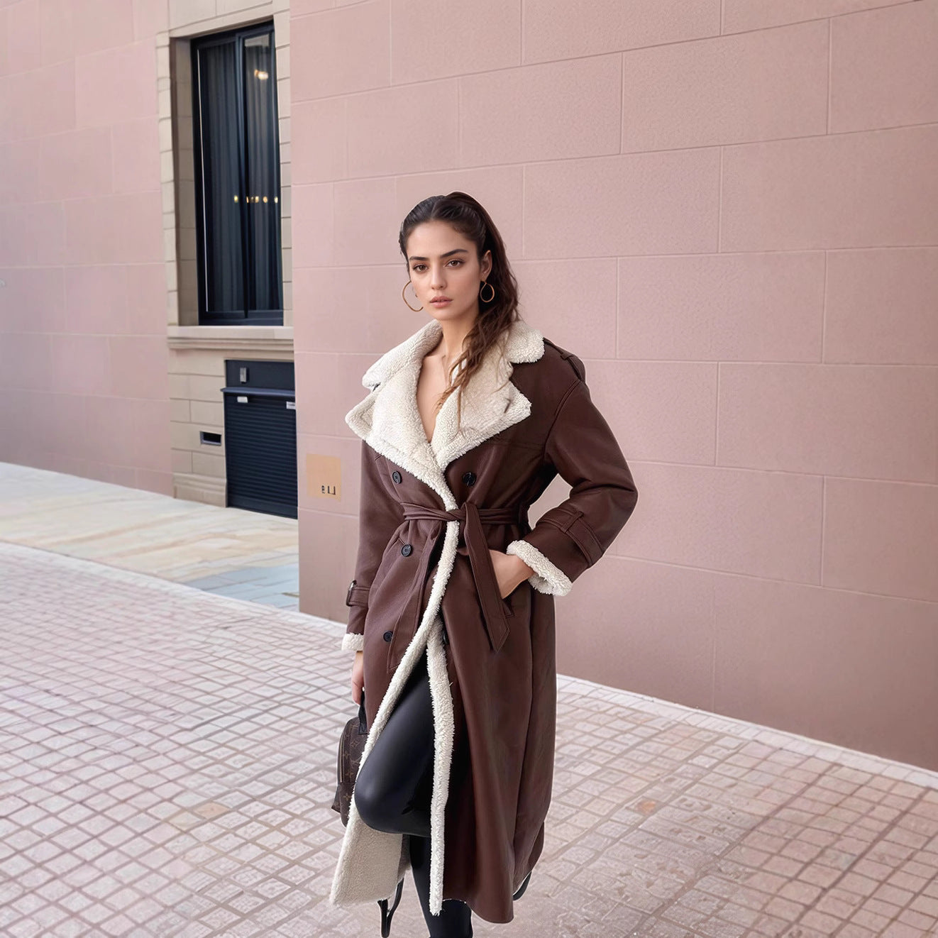 Double-Breasted Long Trench Coat with Faux Shearling Lining and Notched Lapels