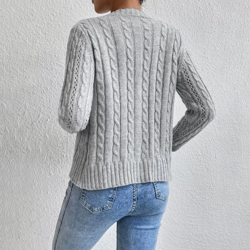 Knit Cardigan with Crew Neck and Long Sleeves