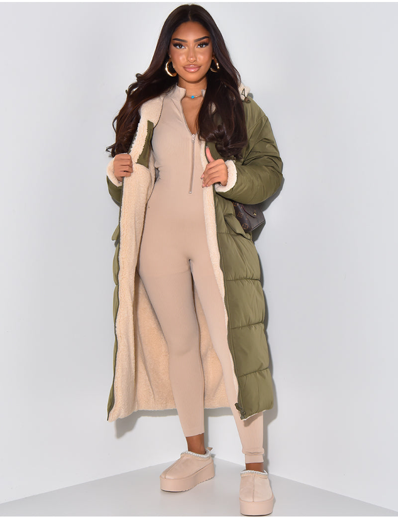 Longline Reversible Puffer Coat with Faux Fur Lining and Hood