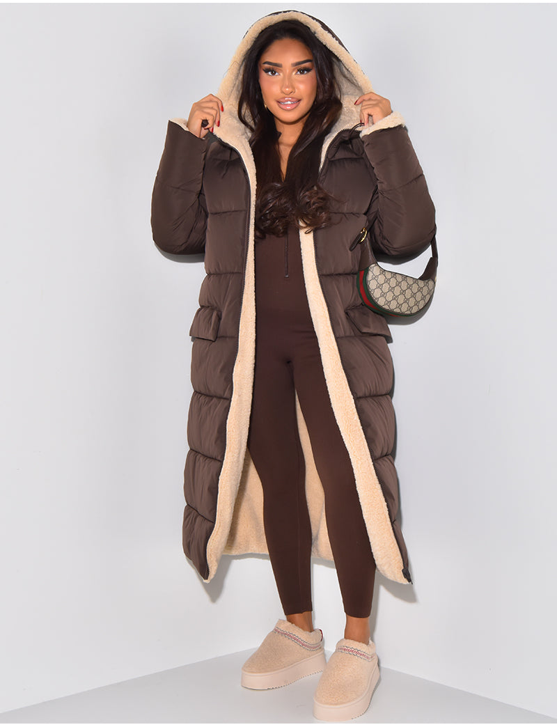 Longline Reversible Puffer Coat with Faux Fur Lining and Hood