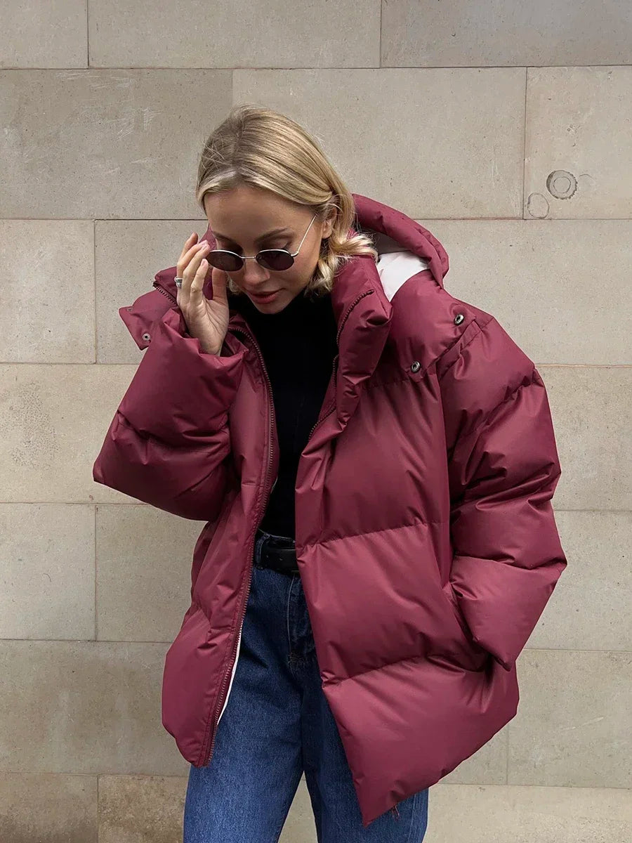 Oversized Puffer Jacket with High Neck and Detachable Hood