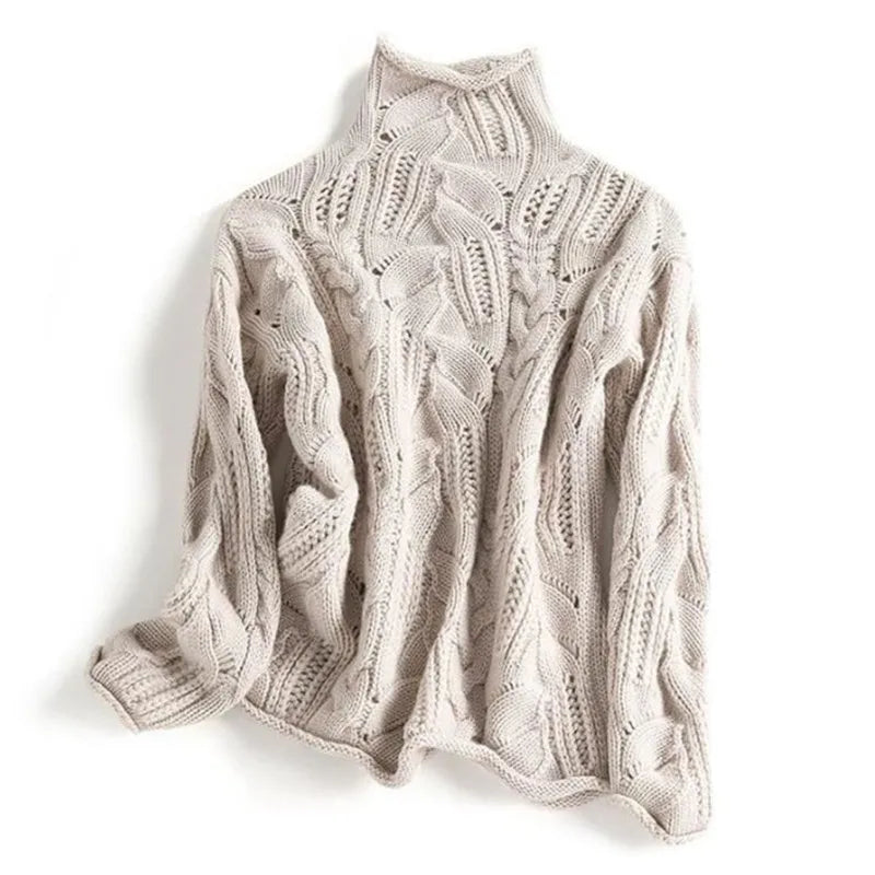 High-Neck Cable Knit Sweater with Openwork Details and Long Sleeves