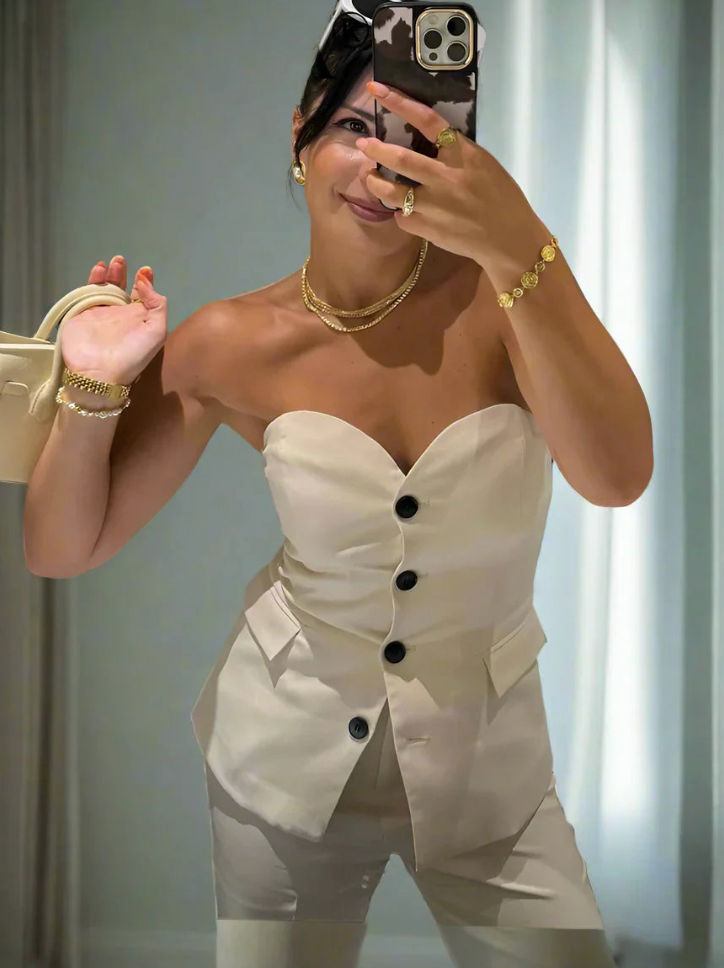 Strapless Blazer and Flared Trouser Set