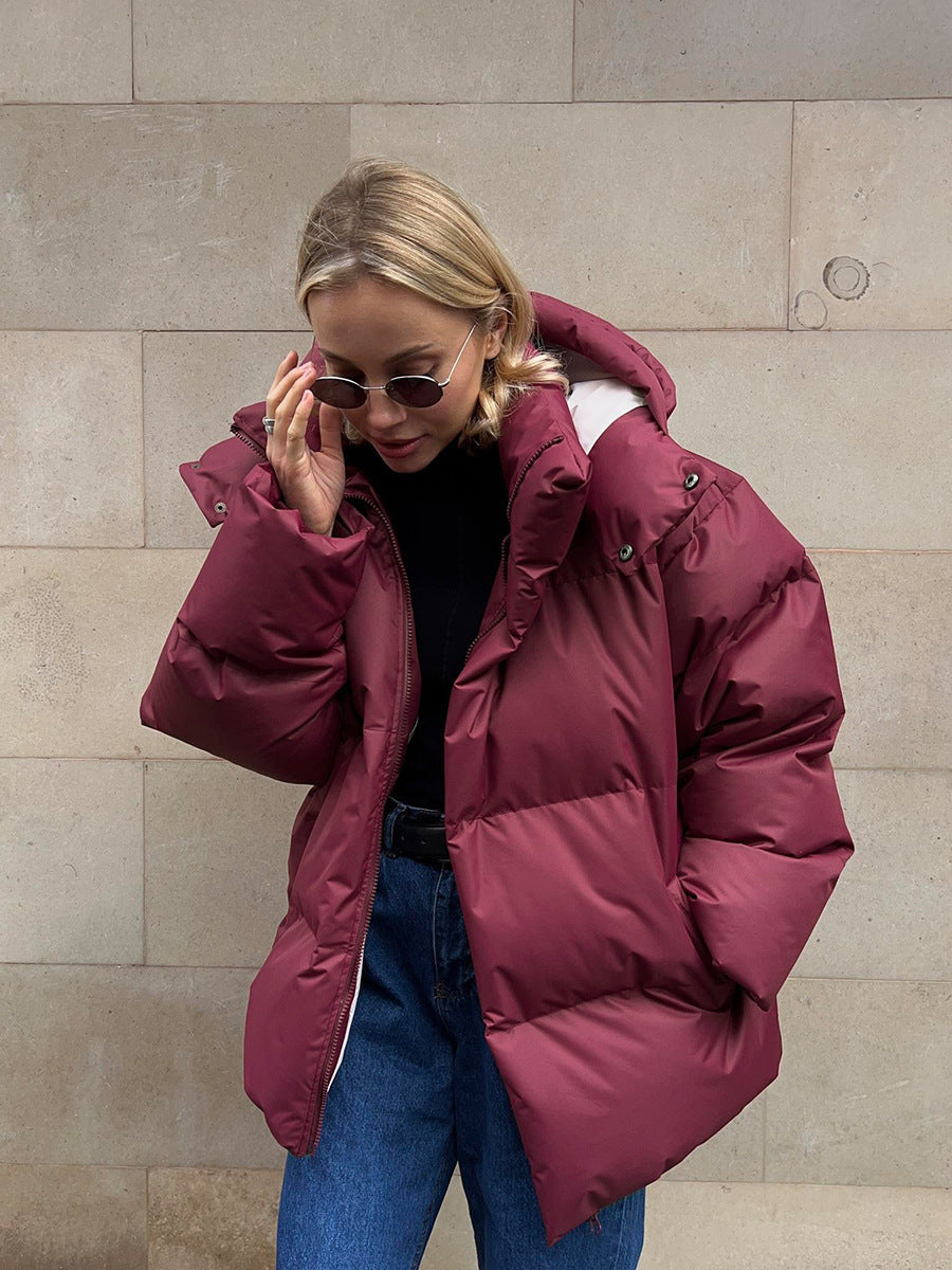 Oversized Hooded Puffer Jacket with Zip Closure and Side Pockets