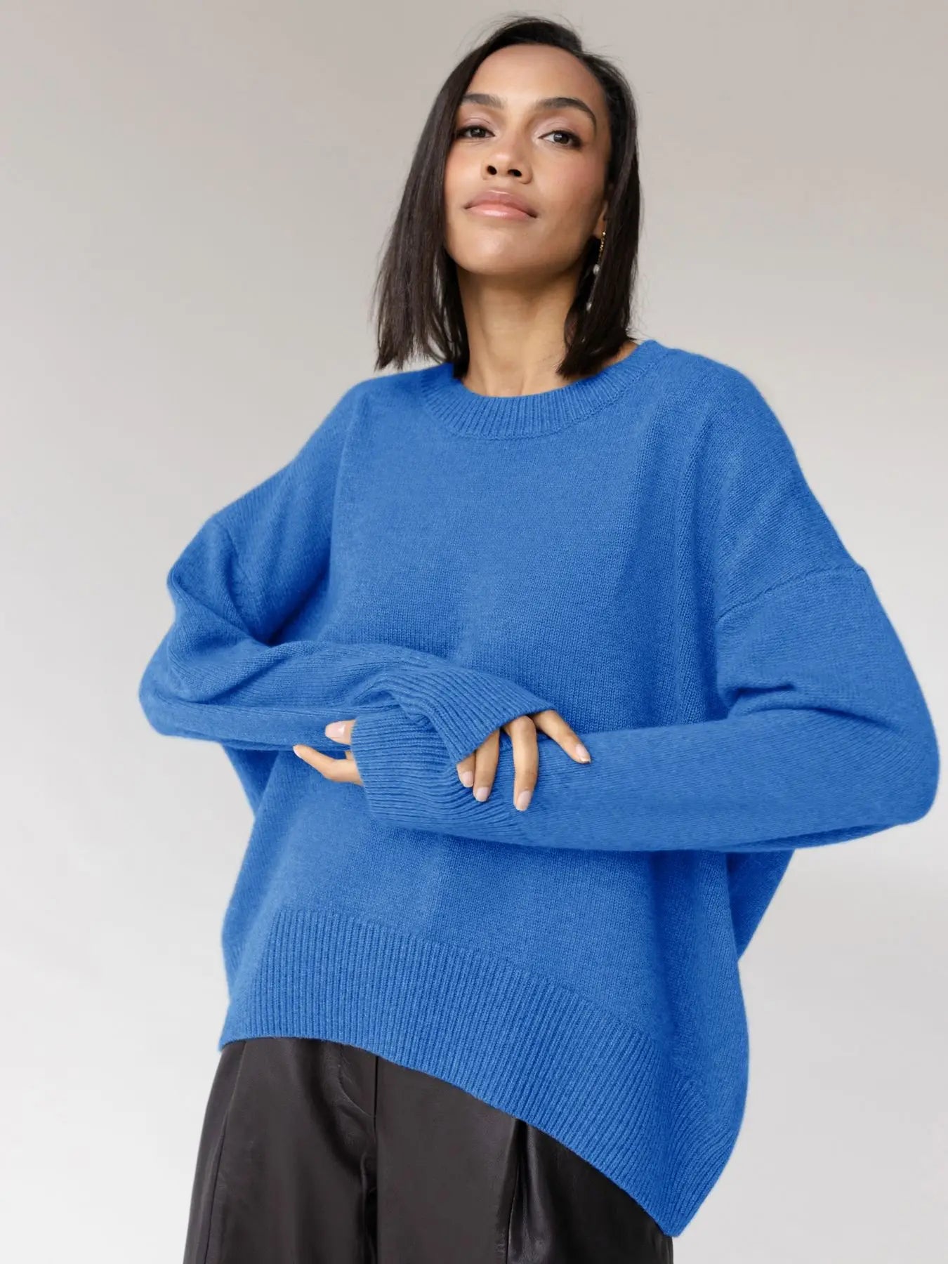 Oversized Knit Sweater with Crew Neck and Ribbed Trims