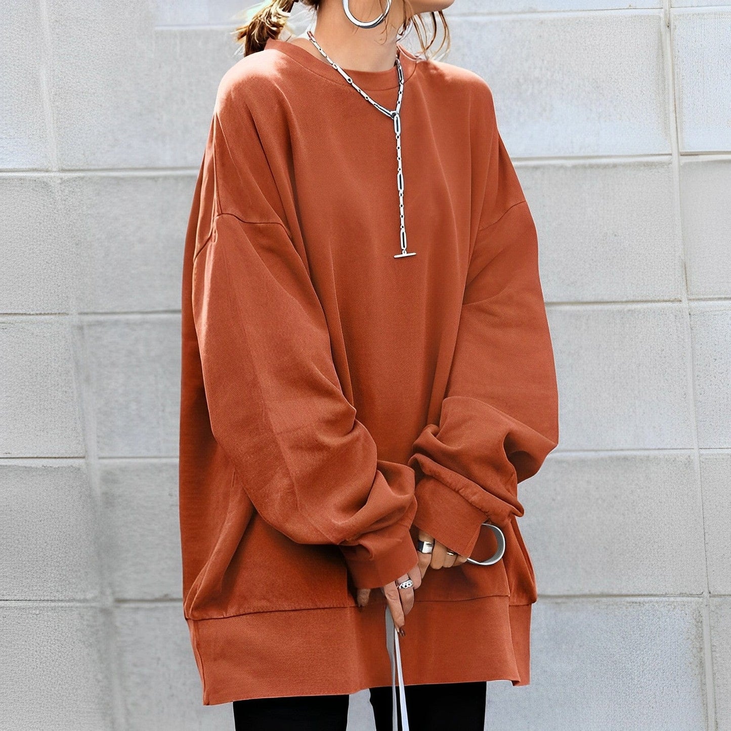 Oversized Pullover Sweatshirt with Crew Neckline