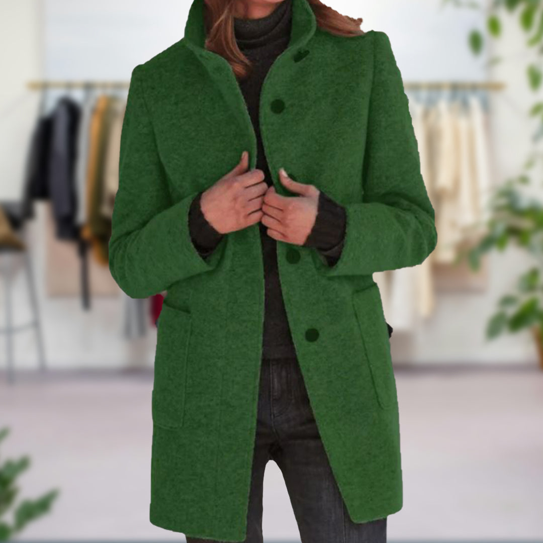Single-Breasted Coat with High Neck Collar and Patch Pockets