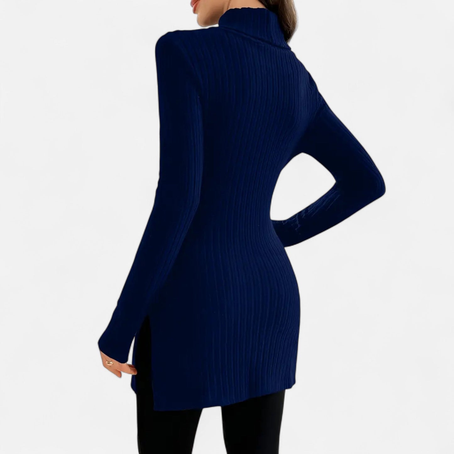 Ribbed Knit Turtleneck Sweater with Side Slits