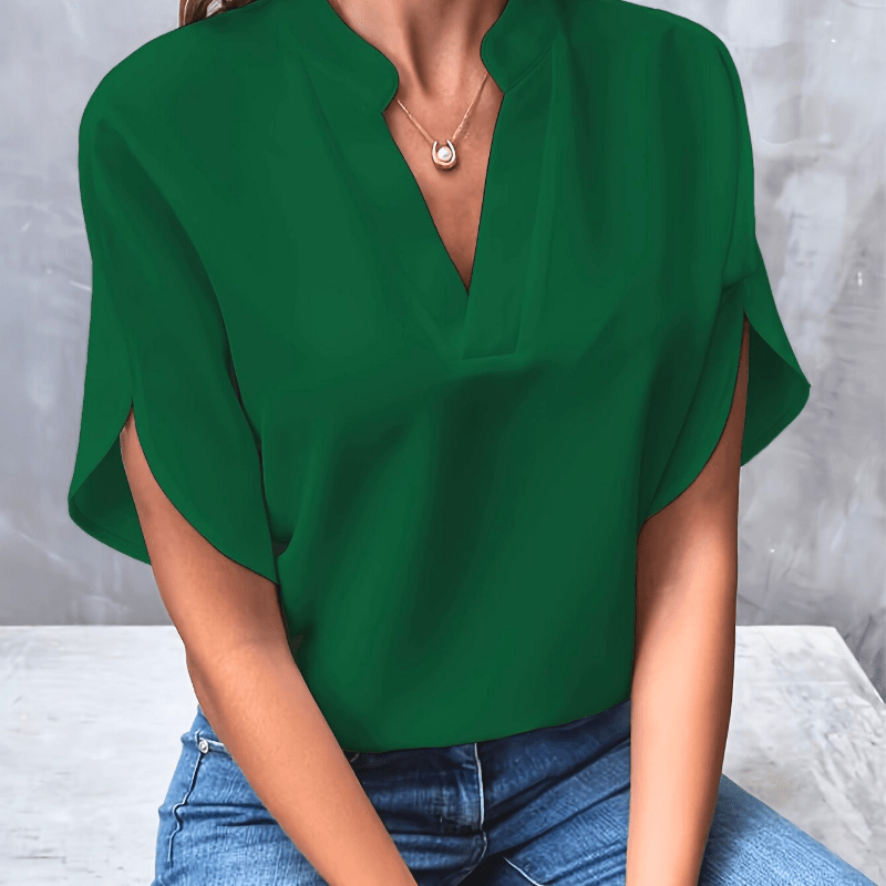 V-Neck Stand-Collar Split-Sleeve Relaxed Blouse