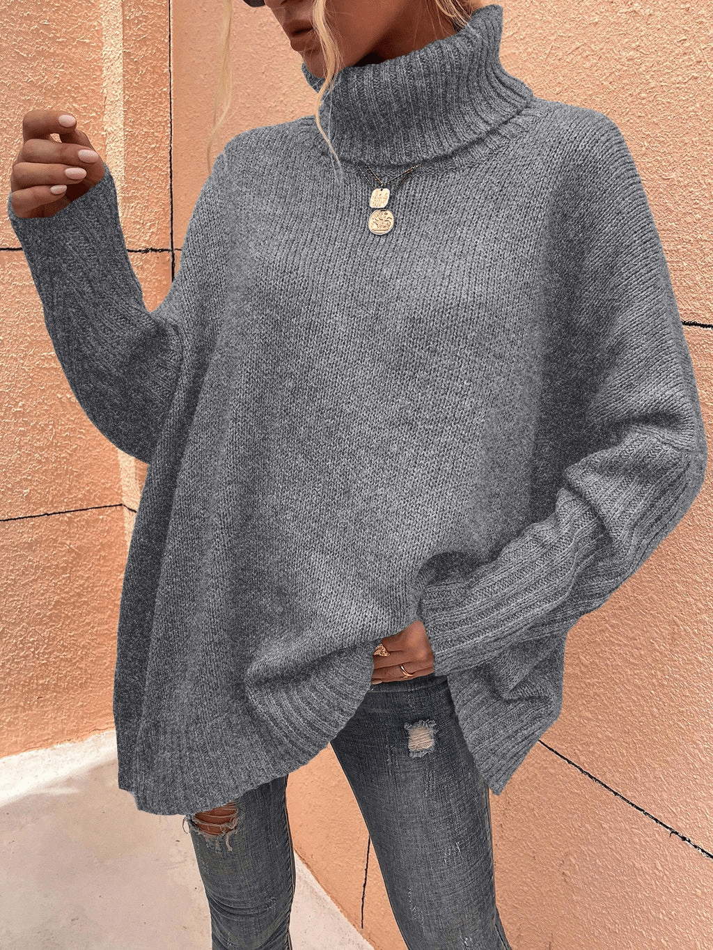 Turtleneck Dropped-Shoulder Ribbed-Cuff Sweater