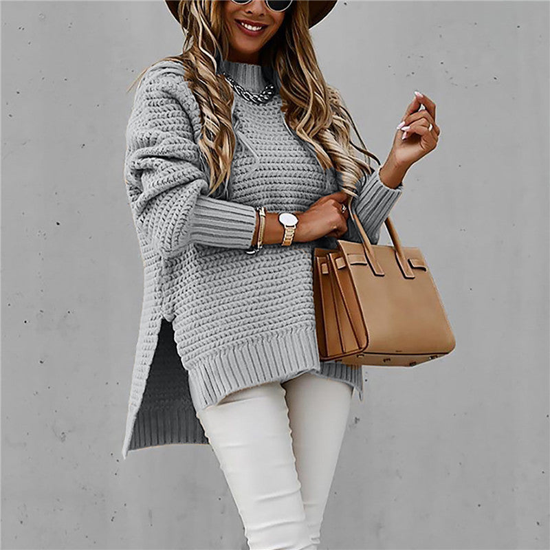 Mock-Neck Drop-Shoulder Side-Split Knit Sweater