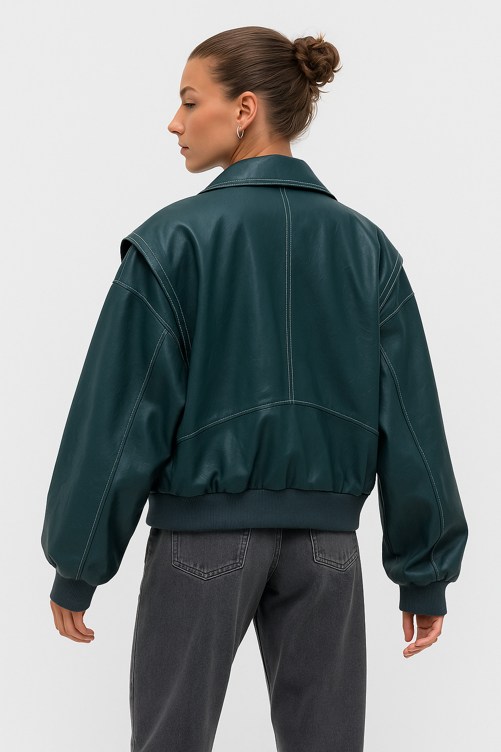 Faux Leather Bomber Jacket with Point Collar and Zip Closure