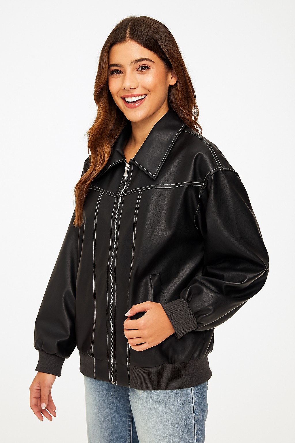 Faux Leather Bomber Jacket with Point Collar and Zip Closure