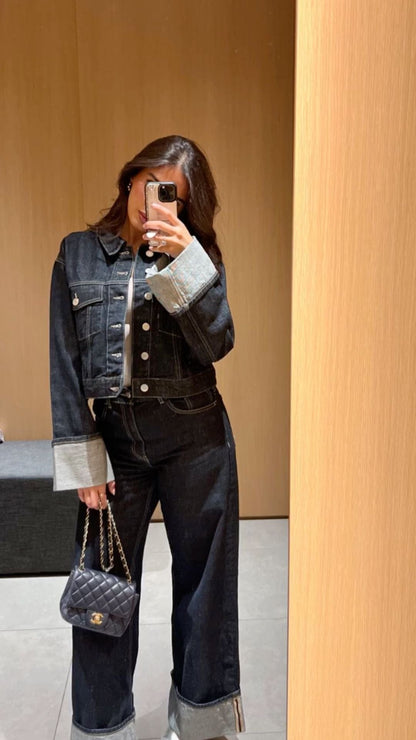 Cropped Denim Jacket and Wide-Leg Denim Trousers Set with Oversized Cuffs and Button Closure