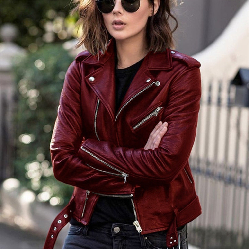 Leather Biker Jacket with Asymmetric Zip Closure and Belted Hem