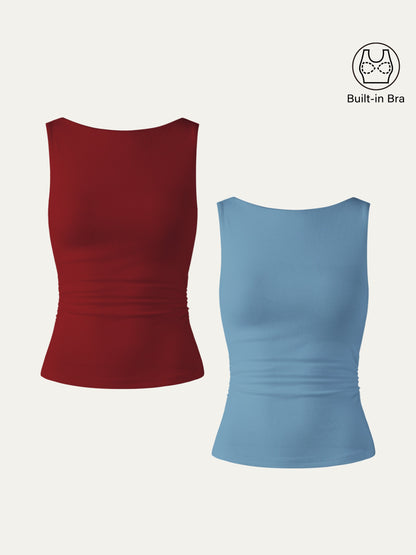 Boat Neck Ribbed Fitted Tank Top with Built-in Bra