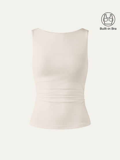 Boat Neck Ribbed Fitted Tank Top with Built-in Bra