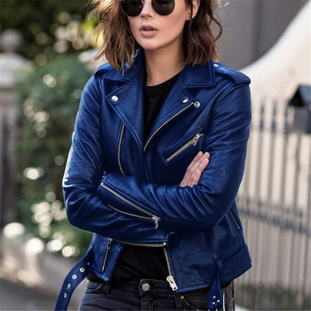 Leather Biker Jacket with Asymmetric Zip Closure and Belted Hem