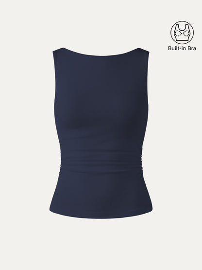 Boat Neck Ribbed Fitted Tank Top with Built-in Bra