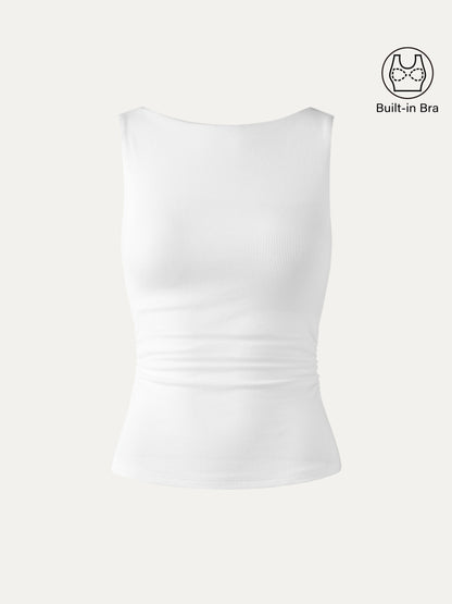 Boat Neck Ribbed Fitted Tank Top with Built-in Bra