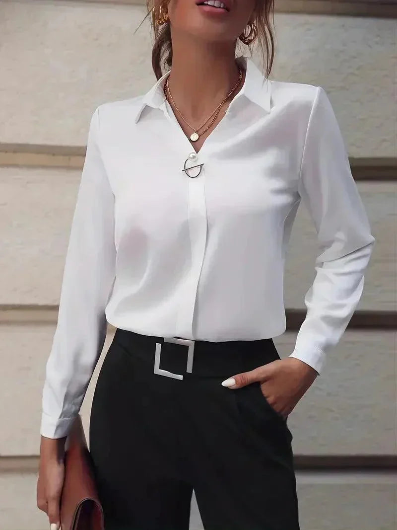 Collared Long Sleeve Blouse with Button Front and Curved Hem