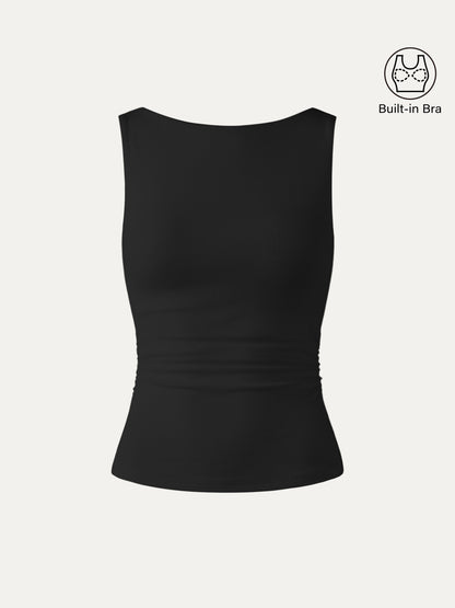 Boat Neck Ribbed Fitted Tank Top with Built-in Bra