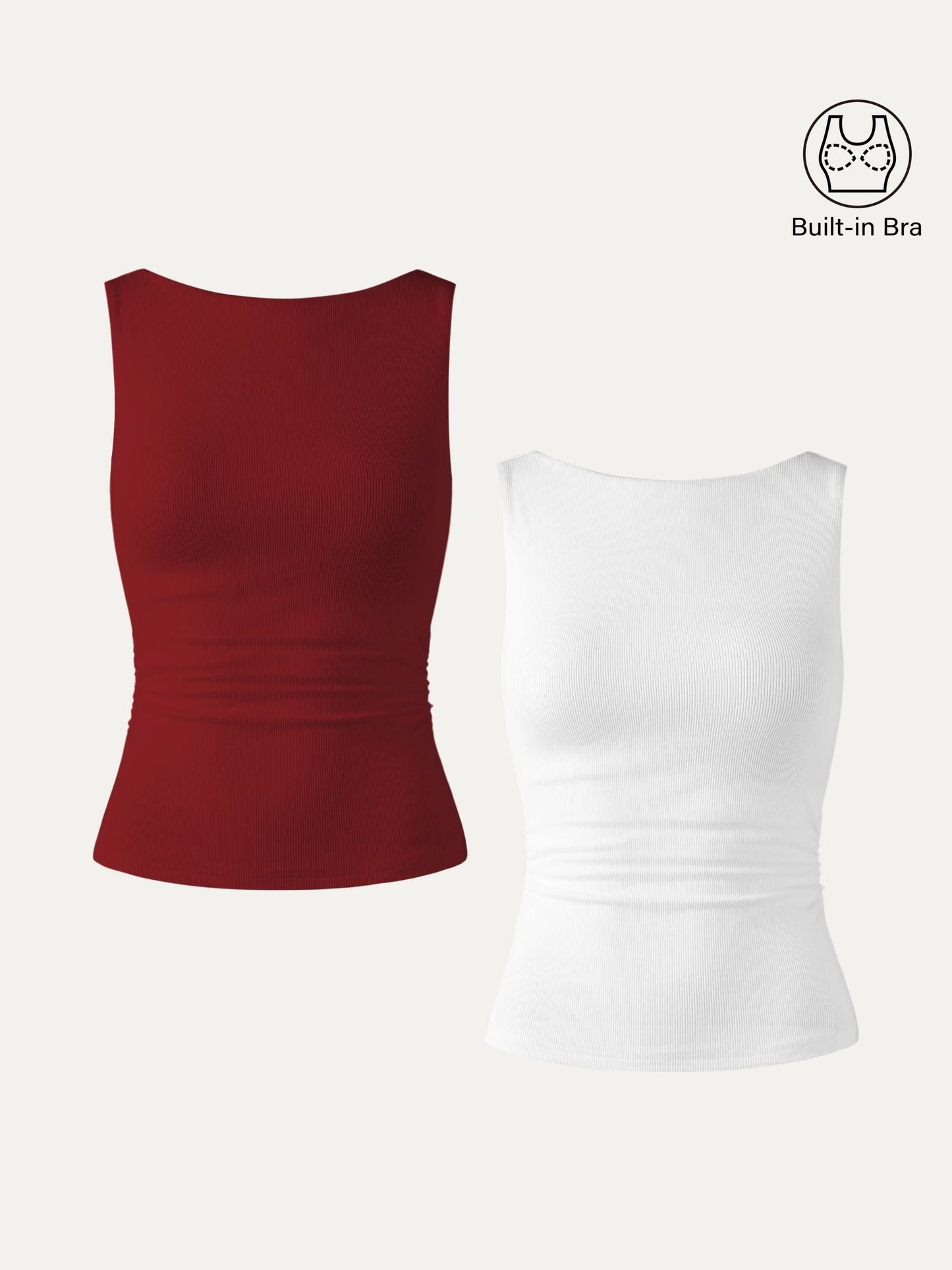 Boat Neck Ribbed Fitted Tank Top with Built-in Bra