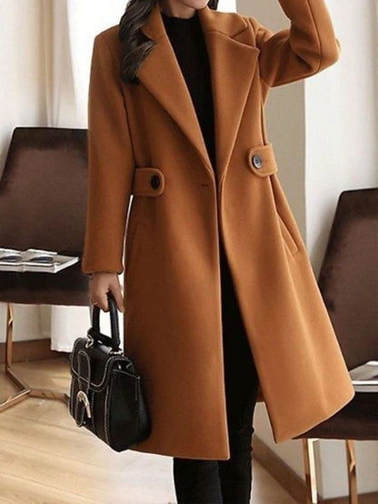 Notched Lapel Long Sleeve Midi Coat with Double Button Closure and Tie Waist