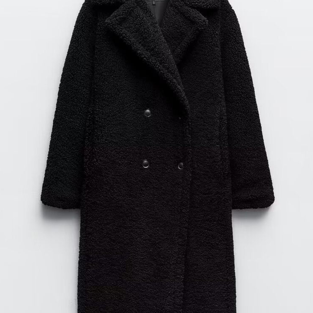 Maxi Length Teddy Coat with Double-Breasted Closure