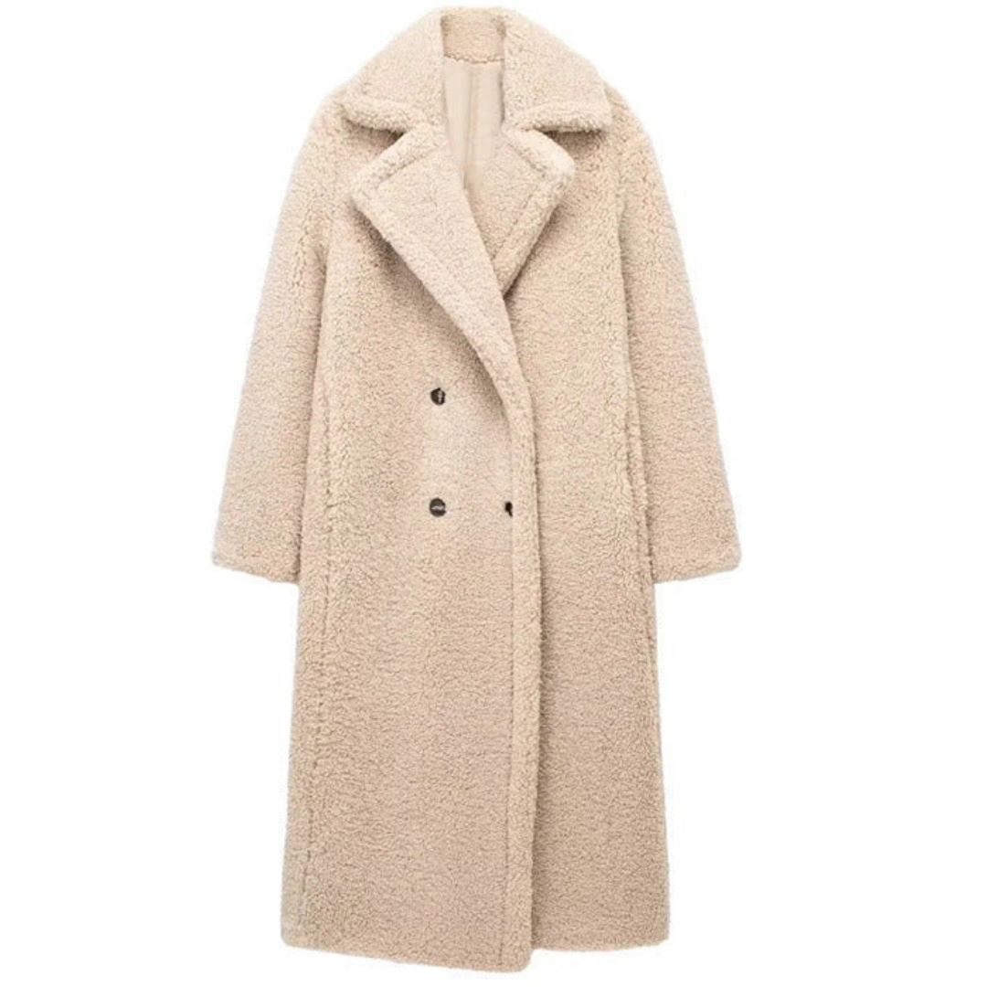Maxi Length Teddy Coat with Double-Breasted Closure