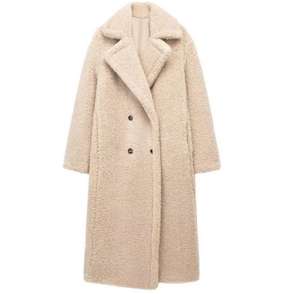 Maxi Length Teddy Coat with Double-Breasted Closure
