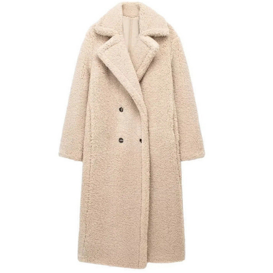 Maxi Length Teddy Coat with Double-Breasted Closure